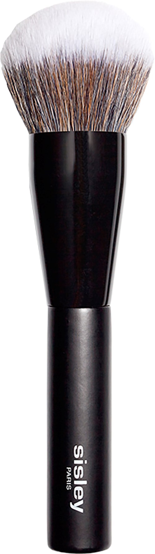 Een make-up kwast met zwarte handgreep en zachte, witte haren.