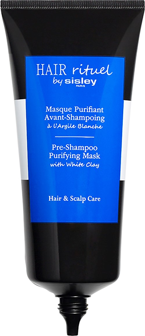 Een zwarte tube met blauw en wit label voor haar- en hoofdhuidverzorging, gelabeld als zuiverende masker en pre-shampoo met witte klei.