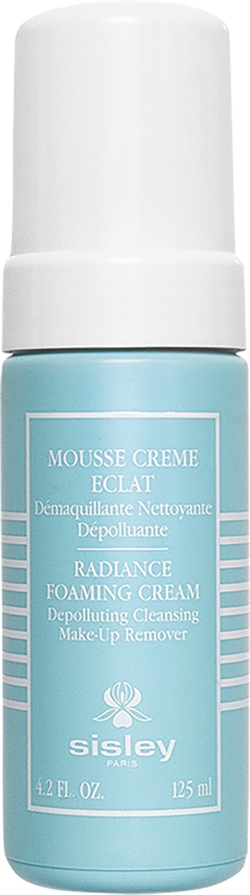 A light blue bottle with a white cap, labeled as Sisley's Radiance Foaming Cream for makeup removal.