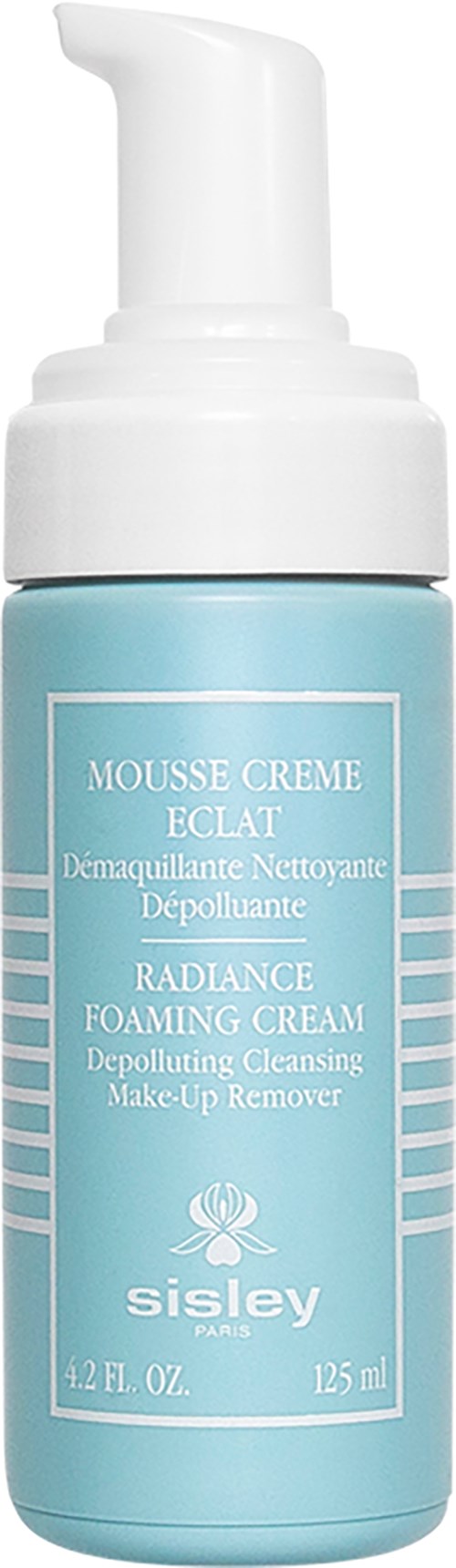 Light blue bottle with a white pump, labeled as Sisley Radiance Foaming Cream for cleansing and makeup removal.