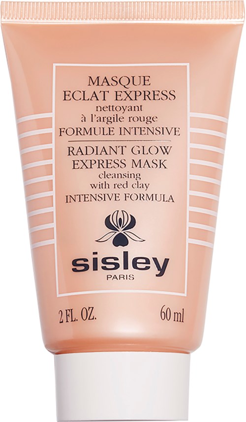 Persikan värinen tuubi Sisley Radiant Glow Express Mask, 60 ml, jossa valkoiset rivit ja teksti puhdistuksesta ja hehkusta.