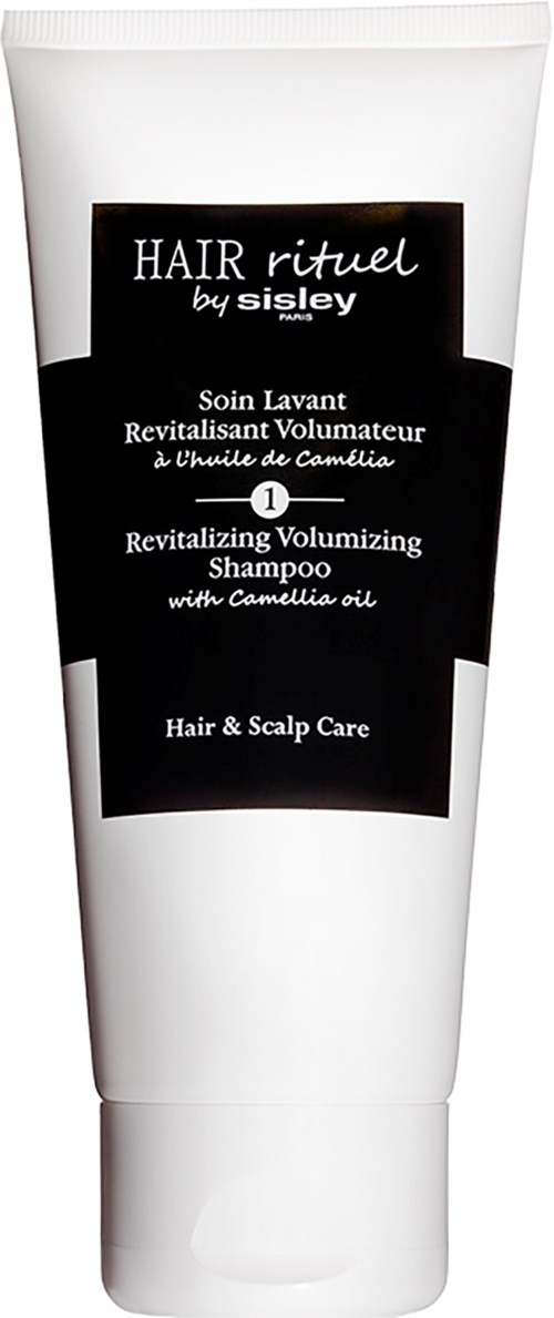Witte tube met revitaliserende volumiserende shampoo met Camellia-olie, voor haar- en hoofdhuidverzorging.