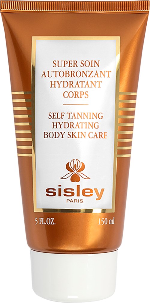 Een bronzen zelfbruinende lichaamslotion tube met gouden details en witte label, Sisley Paris, 150ml.