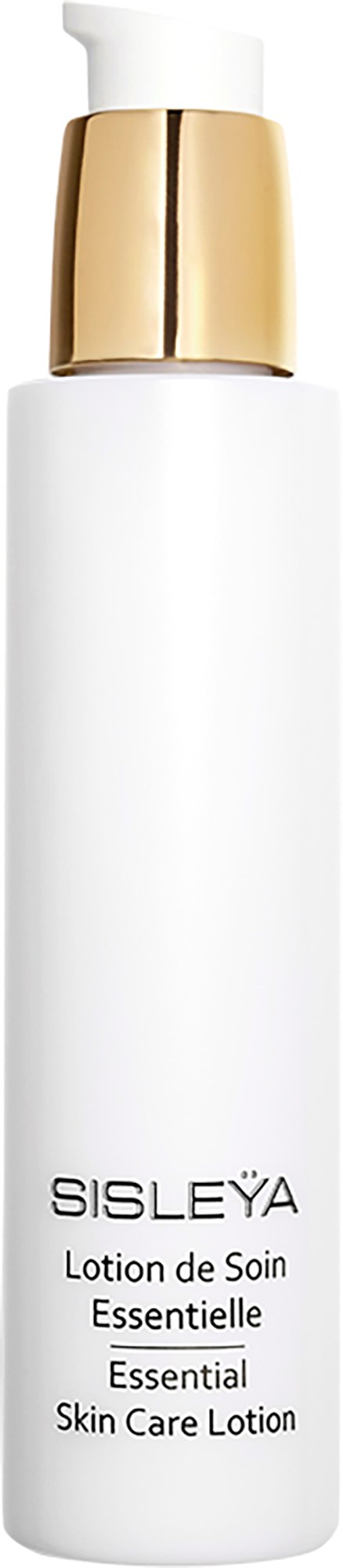 Valkoinen pullo, jossa on kultainen korkki ja merkintä 'Sisleya Essential Skin Care Lotion'.