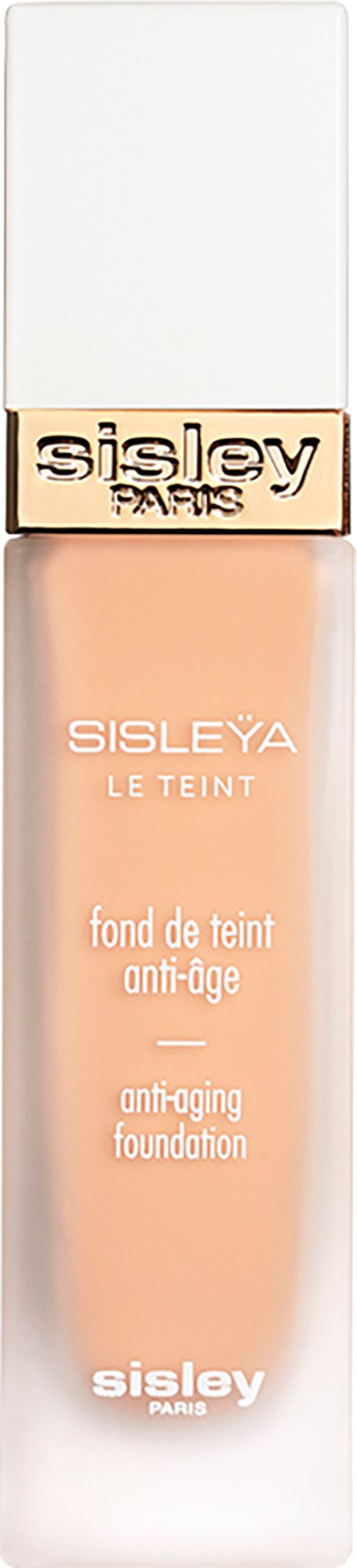 Eine lange Flasche Ant-Aging-Foundation von Sisley mit weißem Deckel und beige Label.