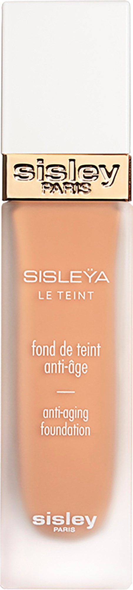 A bottle of anti-aging foundation from Sisley, with a white cap and beige label. It is called Le Teint.
