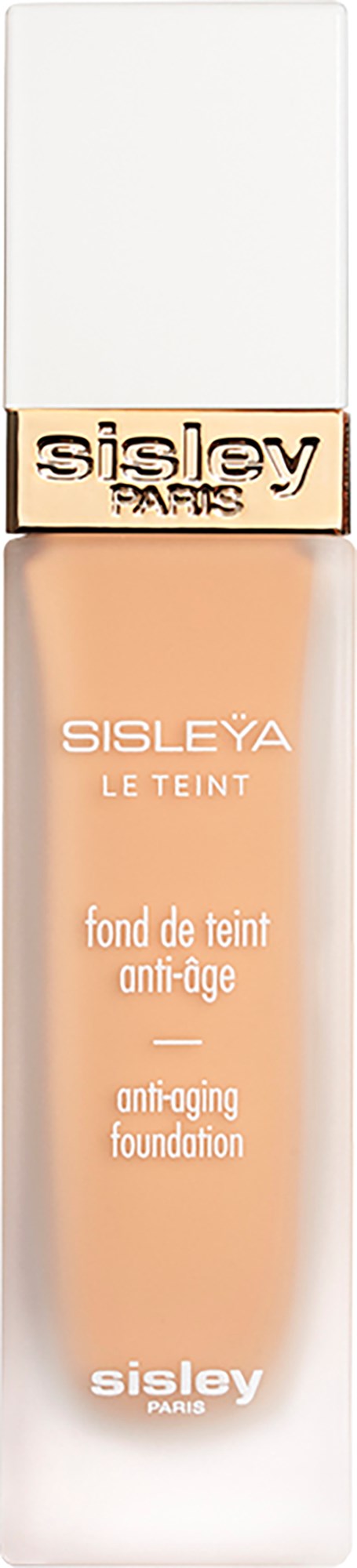 A tall, white bottle with a beige label reading 'Sisleya', containing anti-aging foundation.