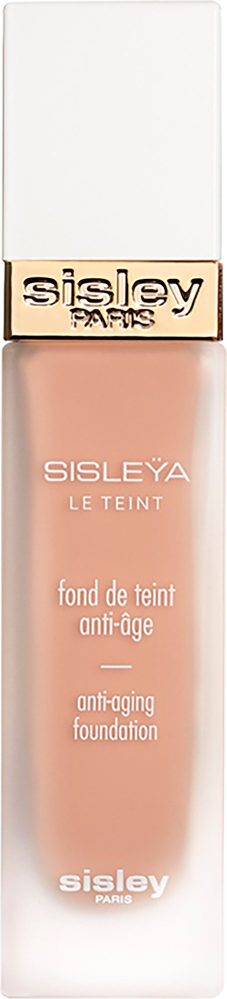A bottle of Sisleÿa anti-aging foundation with a beige label and a white cap.