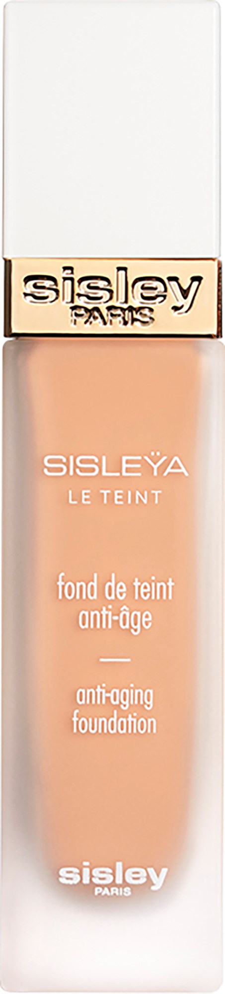 A bottle of Sisley anti-aging foundation with white and gold packaging.