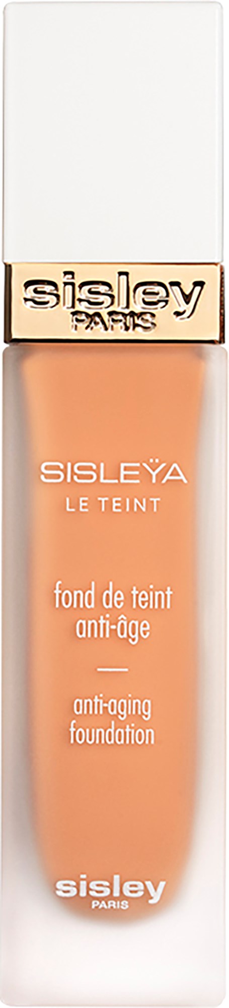 A beige and white bottle of anti-aging foundation with gold label and white cap.