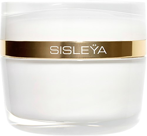 Ein weißer Behälter mit einem goldenen Band und dem Wort "SISLEYÅ", wahrscheinlich ein Hautpflege- oder Kosmetikprodukt.