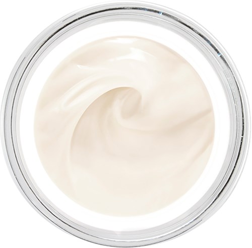 Ein Glas mit weißer Creme oder Lotion, von oben gesehen, mit einer glatten, spiralförmigen Oberfläche.
