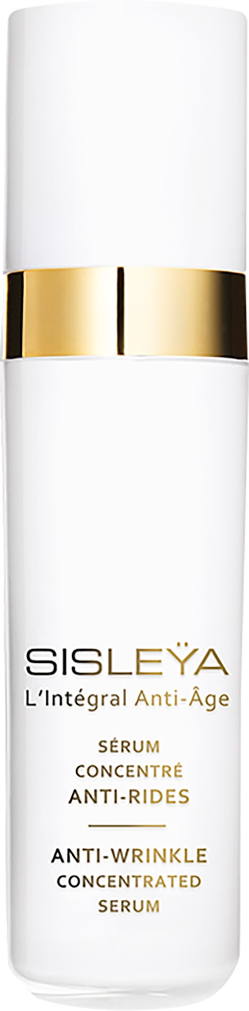 Een witte fles met goudband, gemerkt Sisleÿa, anti-aging serum, tegen rimpels, van huidverzorgingsmerk Sisleÿa.