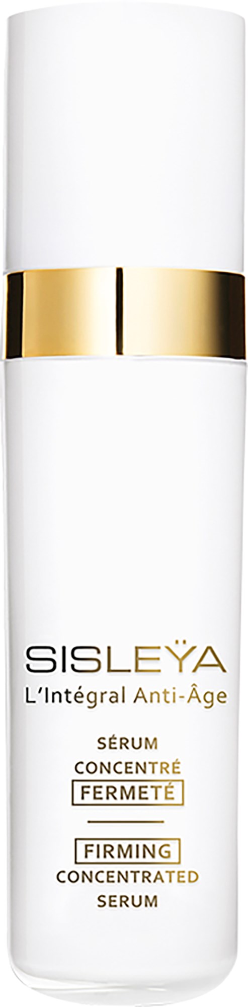 A white bottle with a gold band, labeled Sisleÿa L'Intégral Anti-Âge Firming Concentrated Serum.