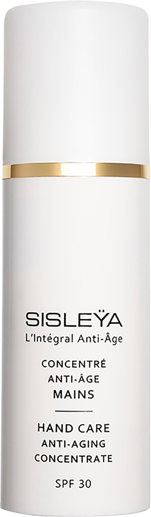 En vit flaska med guldband, märkt Sisleÿa, för anti-aging handkräm med SPF 30.