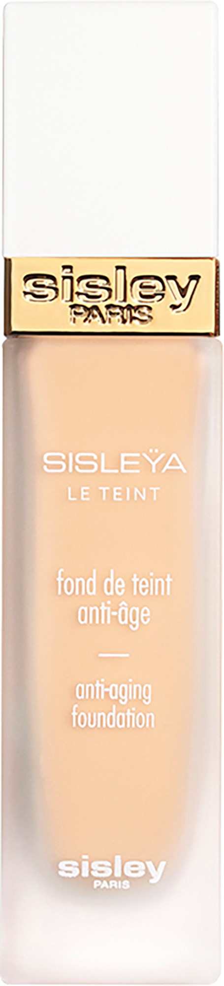 A bottle of anti-aging foundation with a white cap and clear body showing beige liquid inside.
