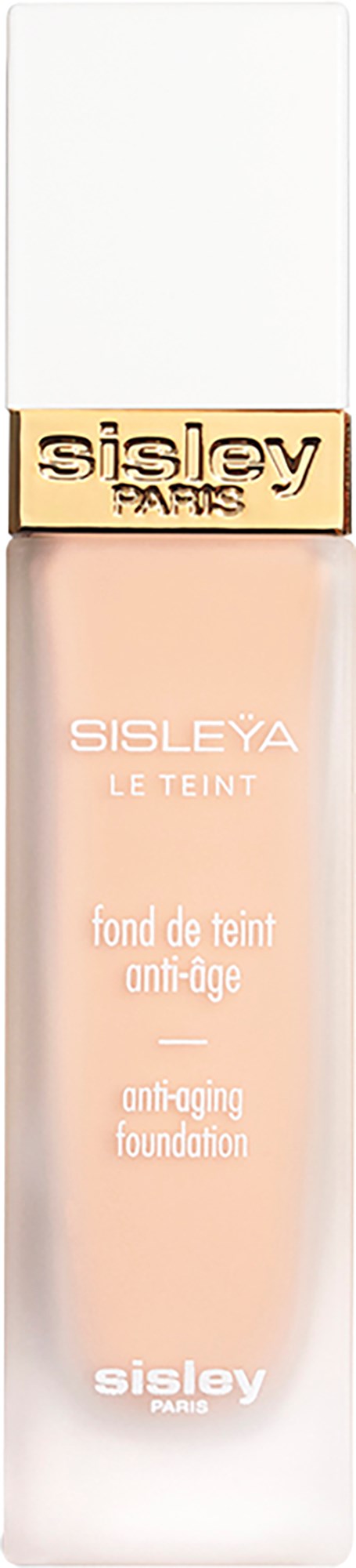 A bottle of Sisley anti-aging foundation with white cap and beige label.