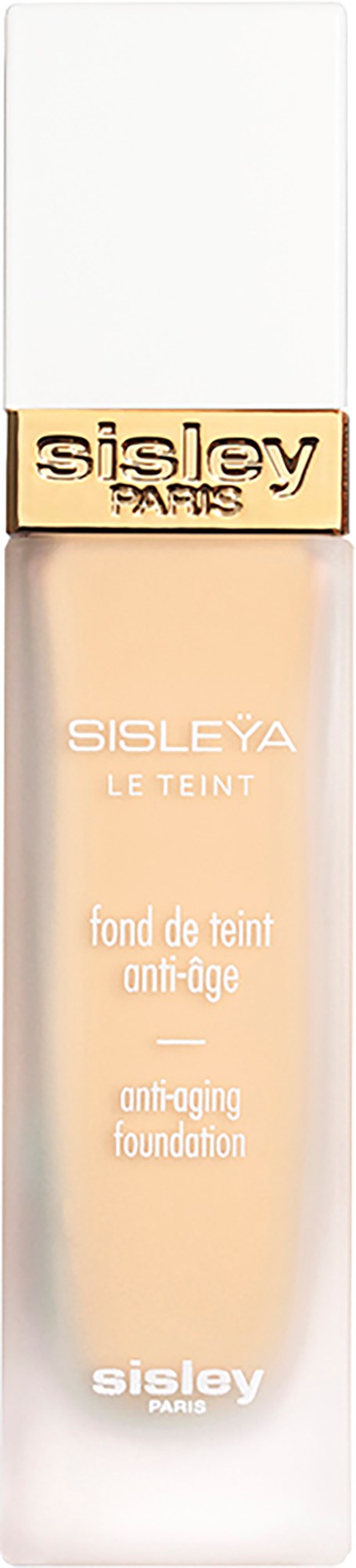 A bottle of anti-aging foundation with a white cap and a beige label, displaying the brand name Sisley Paris.