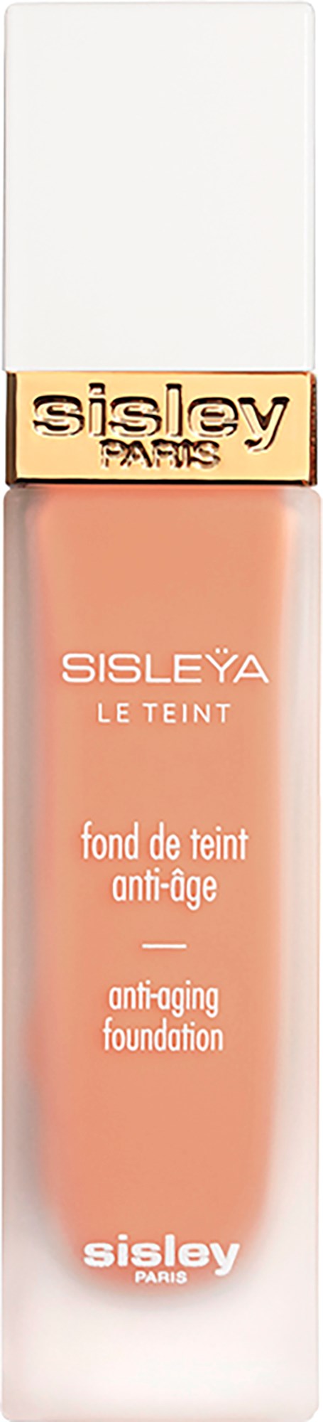 A tube of anti-aging foundation from Sisleya, with a white cap and peach-colored liquid inside.
