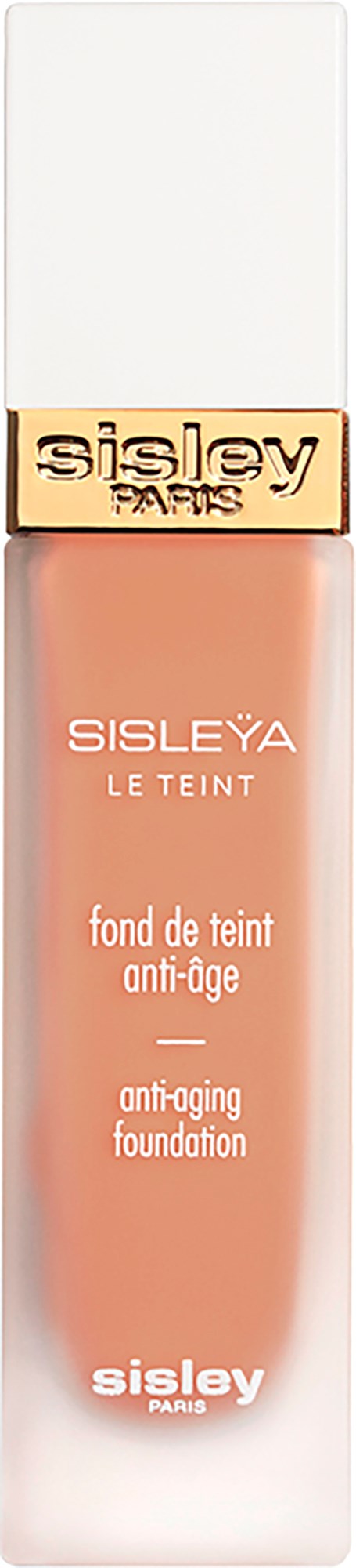 Crèmefles met witte dop, gelabeld als anti-aging foundation door Sisley Paris met een bronzen band.