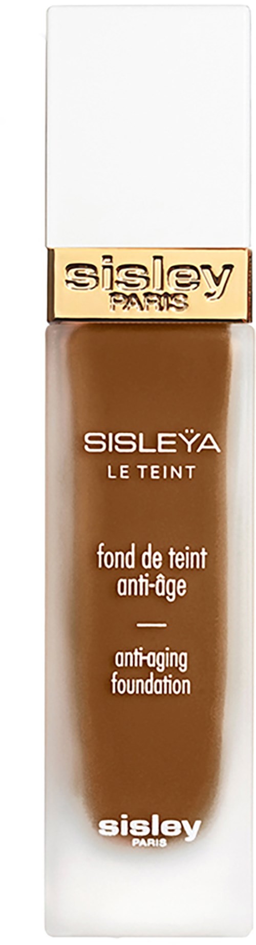 A tall, slender foundation bottle with a white cap and gold band. The label shows it is anti-aging foundation.