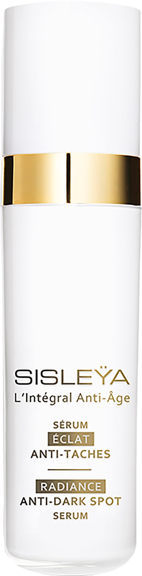A white bottle with a gold band around the middle, labeled Sisleÿa anti-age serum and anti-dark spot treatment.