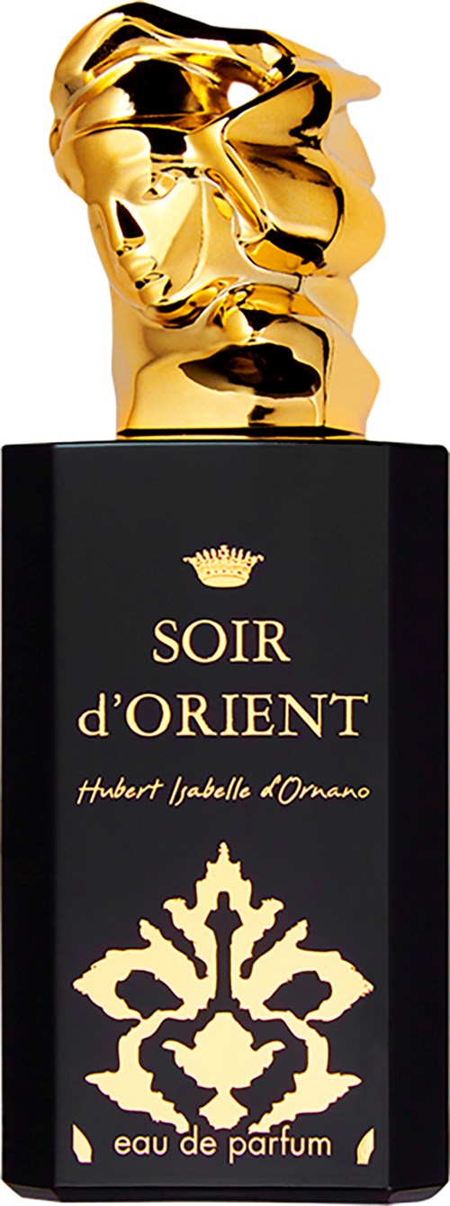 Een zwart parfumdoos met gouden tekst en een gouden abstract gezichtssculptuur bovenop.