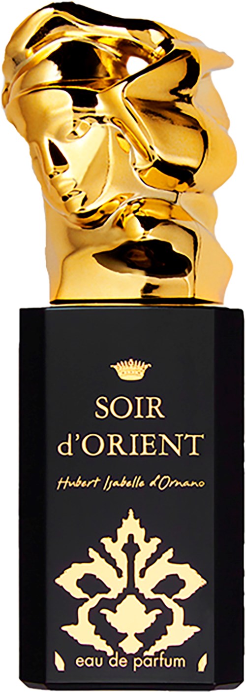 Een zwart parfumdoos met gouden tekst en ontwerp, bekroond met een glanzend gouden abstract gezichtssculptuur.