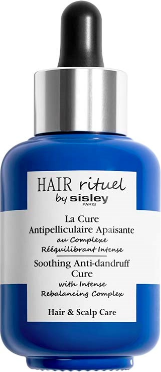 Blauwe fles met pipet, voor roosverlichting en hoofdhuidverzorging, van Hair Ritual door Sisley Paris.