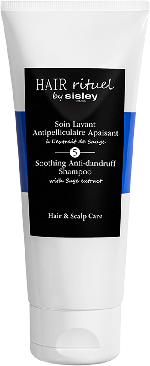 Een witte shampoofles met zwart etiket en blauwe banden, bevordert haar- en hoofdhuidverzorging met salie-extract.