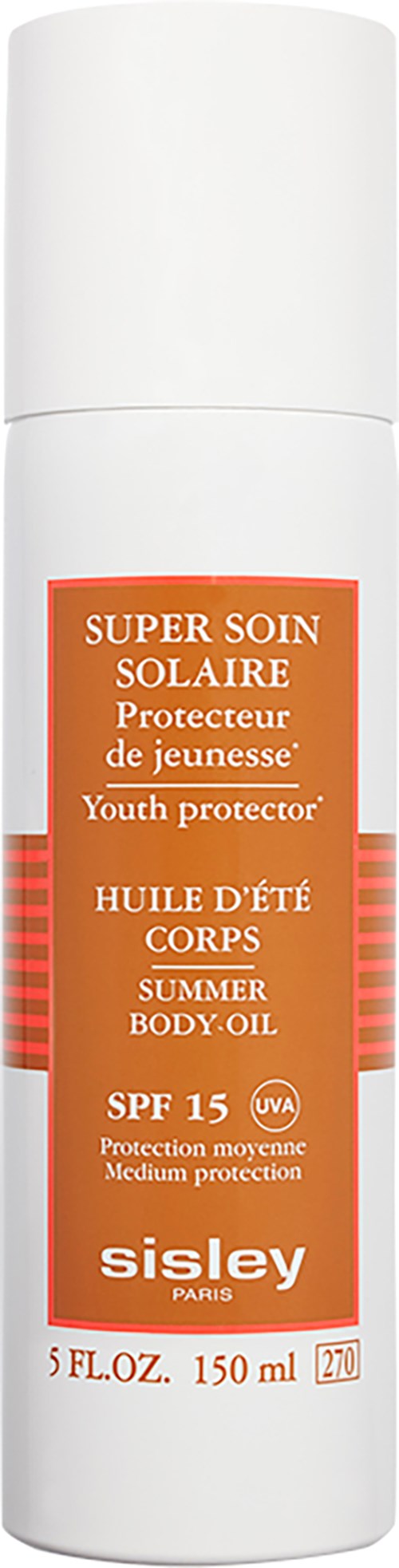 Een witte fles zonnebrand met label "Super Soin Solaire", SPF 15, voor zomergebruik, door Sisley Paris.