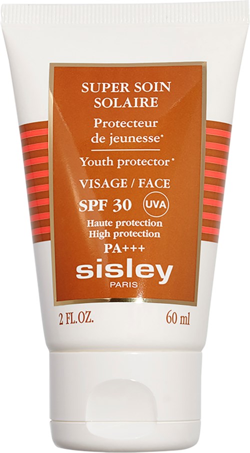 Zonnebrandcrème tube met label 'Super Soin Solaire, Youth protector, SPF 30, hoge bescherming, PA+++, Sisley Paris.'