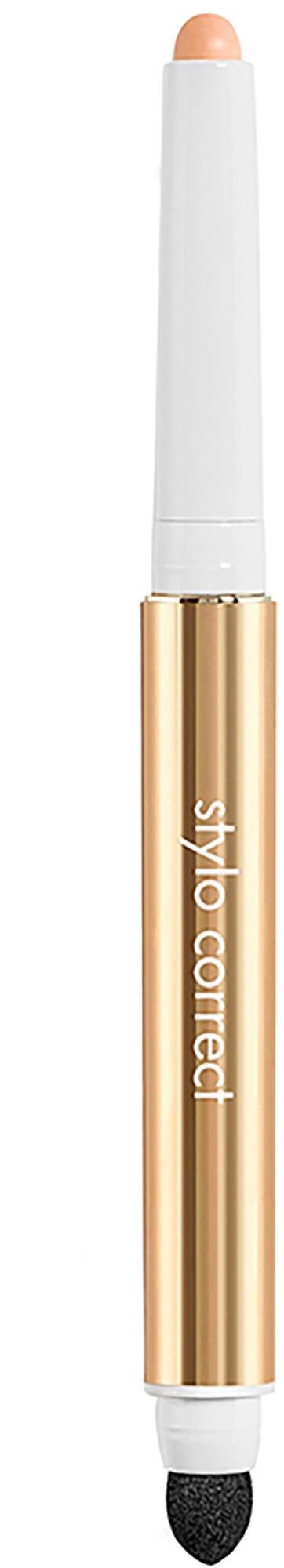 A white and gold eyebrow pencil, with a sponge tip on one end and a pencil tip on the other.