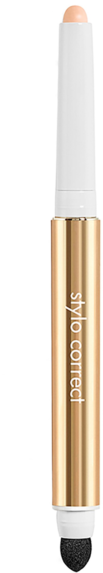A white and gold pen-like makeup tool with a soft tip for applying makeup.