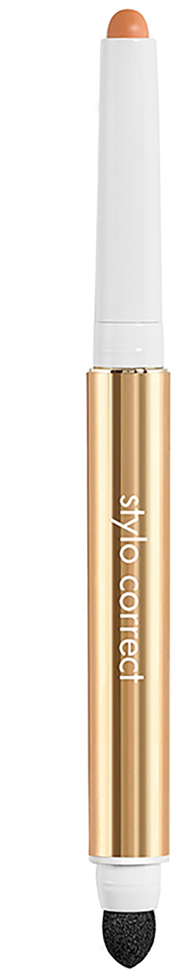 Een wit en goud dubbelzijdig make-uppotlood met een beige punt en een zwart sponsapplicator.
