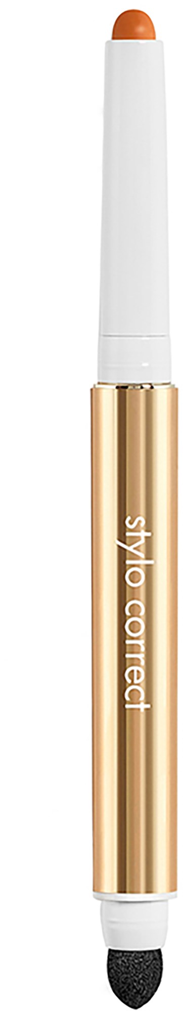 A makeup pencil with a white and gold body, labeled 'stylo correct' and a brown tip.