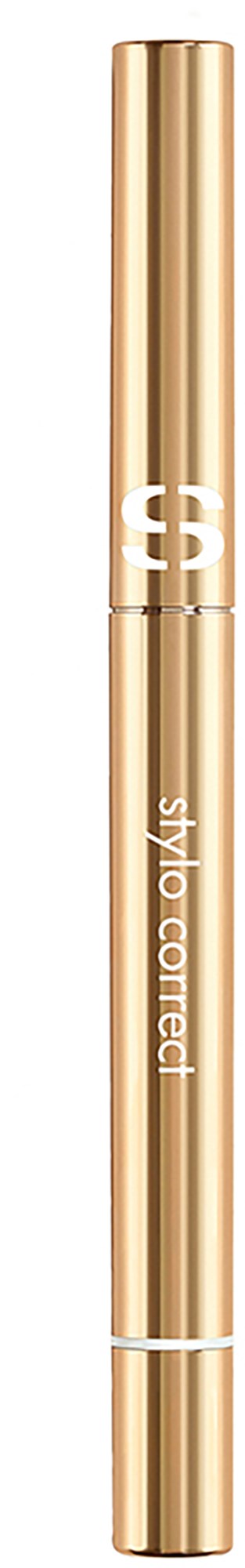 A gold-colored pen with a white cap, featuring the words 'style correct' and a large letter 'S' on it.
