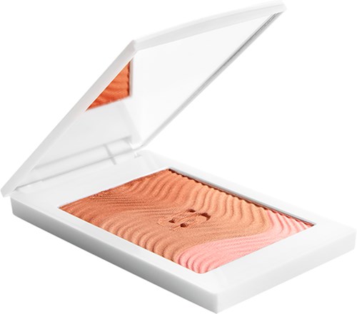 Ein weißer Make-up-Compact mit korallenfarbenem Puder und Spiegel im Deckel.