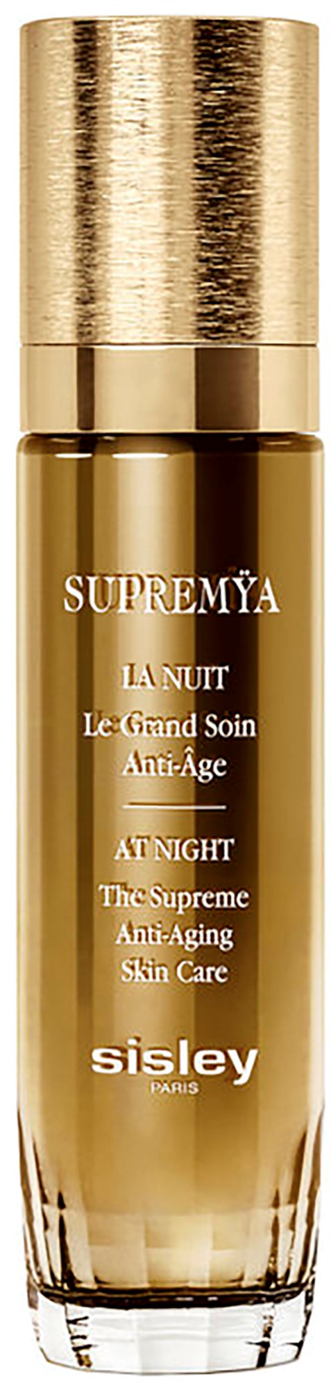 Eine goldfarbige Kosmetikkflasche vor schwarzem Hintergrund, beschriftet als Sisley Supreme Anti-Aging Hautpflege. Sie hat einen goldenen Deckel.