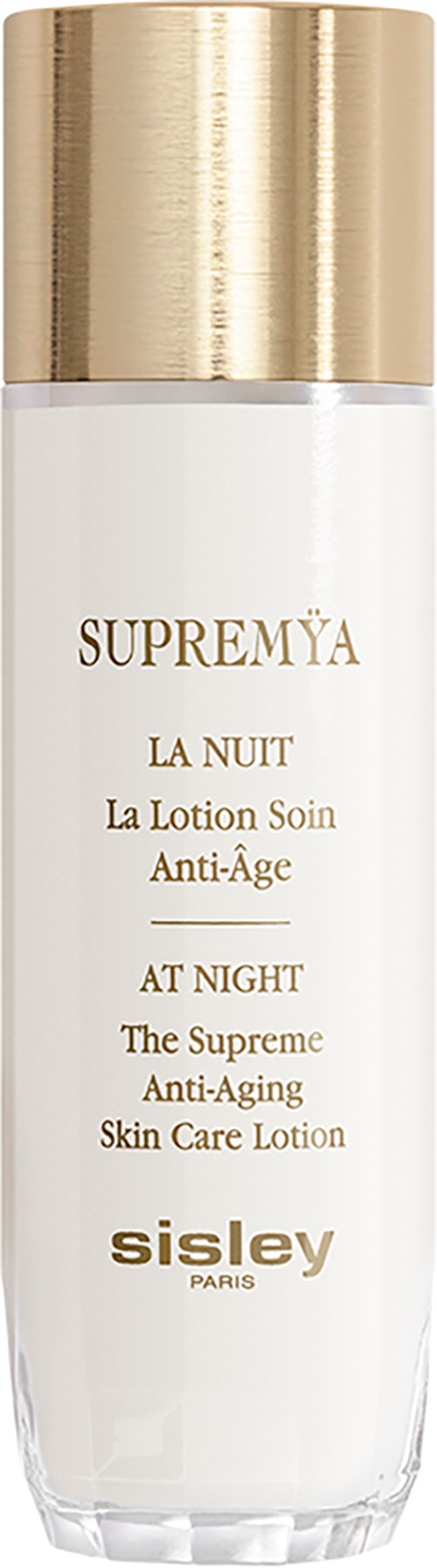 Eine weiße Lotionflasche mit goldener Kappe, gekennzeichnet 'Supremýa La Nuit' für Anti-Aging-Nachtpflege von Sisley.