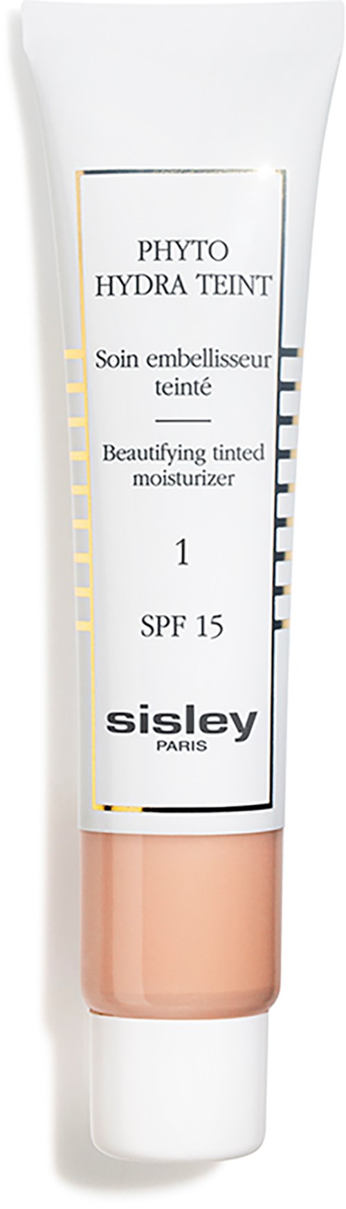 A tube of Sisley Phyto Hydra Teint, a tinted moisturizer with SPF 15, in light pink and white packaging.