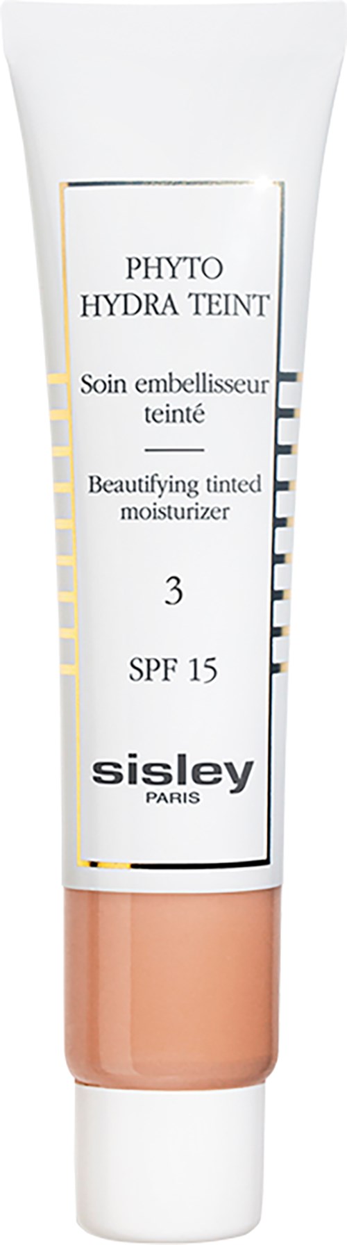 Een tube van Sisley Paris getinte vochtinbrengende crème SPF 15 met een lichtbeige kleur en witte dop.