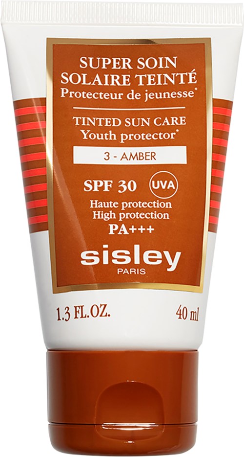 Een tube zonnebrandcrème van 'Sisley' met SPF 30, UVA-bescherming, voor jongeren met kleur Amber.