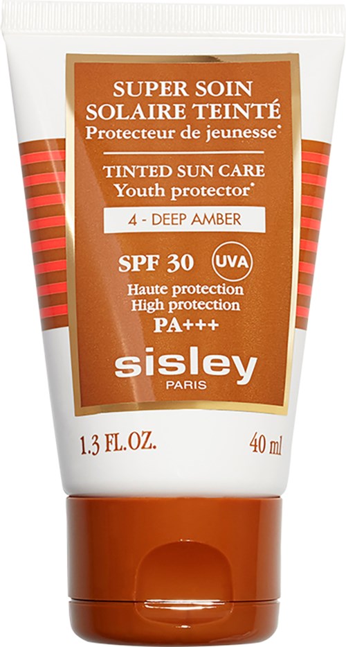 Eine Tube Sonnencreme von 'Sisley Paris', mit SPF 30, UVA-Schutz und tief bernsteinfarbene Tönung, für Jugendschutz.