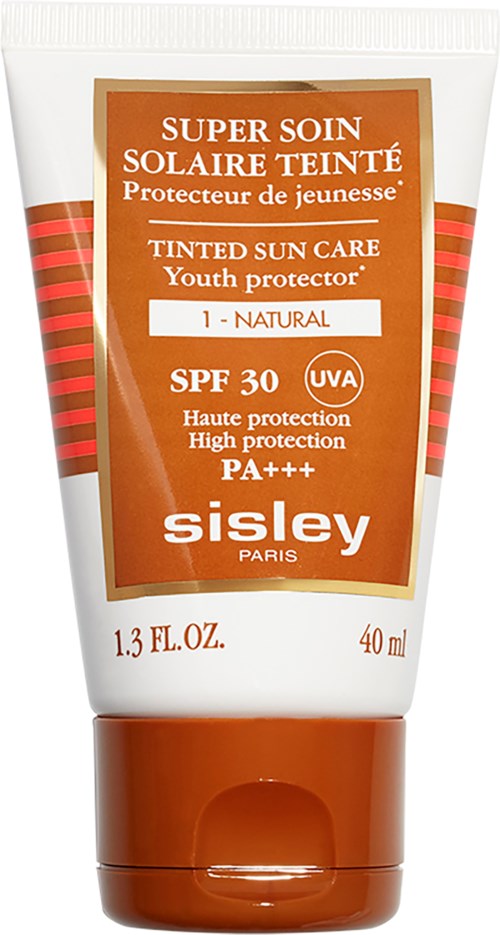 Een tube Sisley zonbescherming met SPF 30 en hoge bescherming, gemarkeerd als jeugd beschermend en natuurlijk.