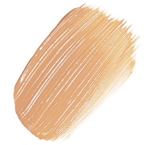 Een beige penseelstreek met ongelijke, getextureerde lijnen op een witte achtergrond.