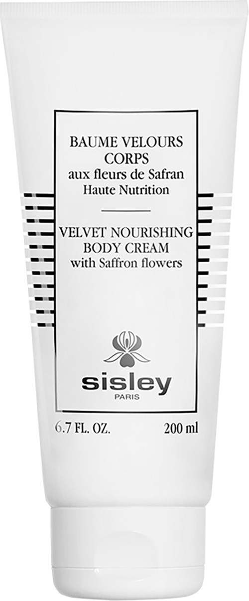 En hvit tube med kroppskrem med svart tekst og liten logo, merket som Sisley Paris Velvet Nourishing Body Cream.