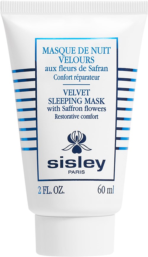 Eine weiße Tube mit Sisley-Schlafmaske mit blauer Schrift und Streifen, Blumenlogo und Produktdetails.