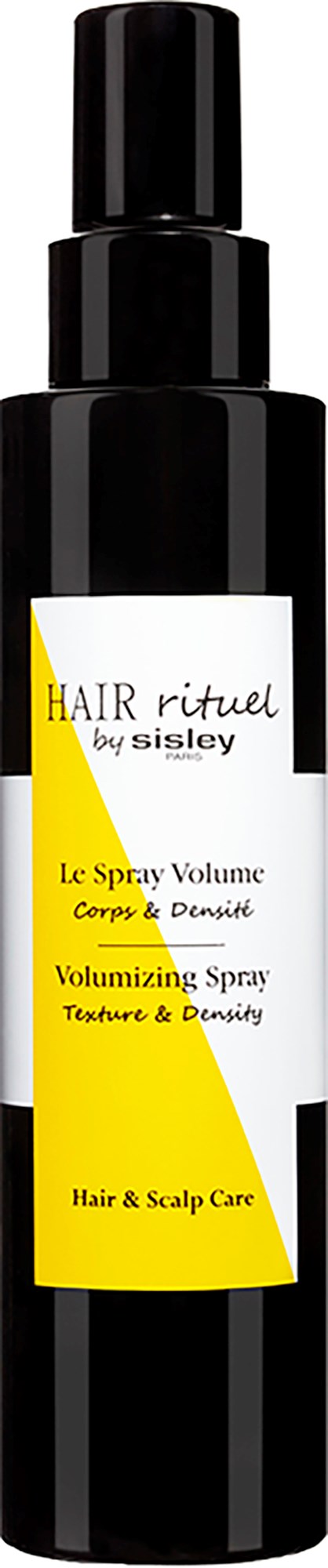 Een zwarte sprayfles met wit en geel label, ontworpen voor haarvolume en hoofdhuidverzorging.