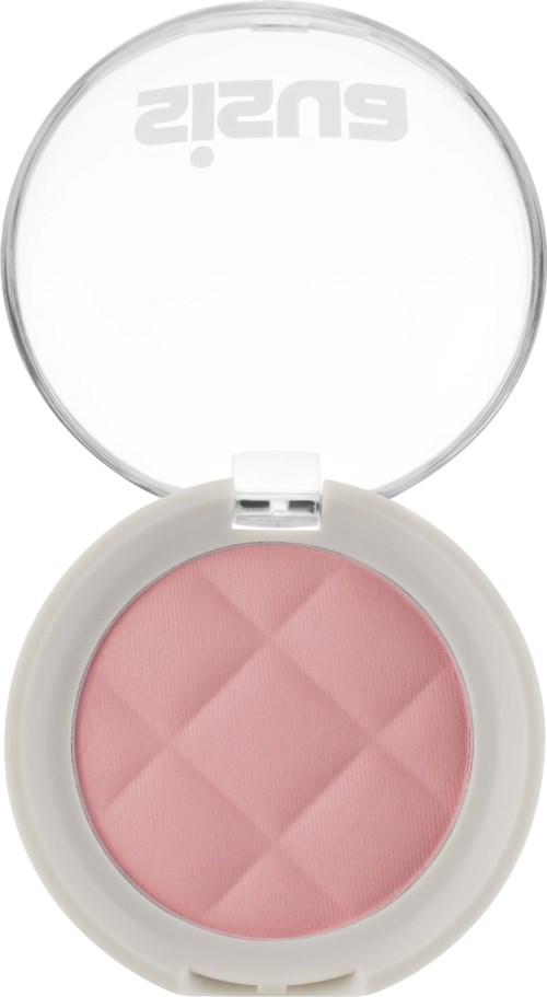A small round pink makeup blush in a white plastic compact with a transparent lid.